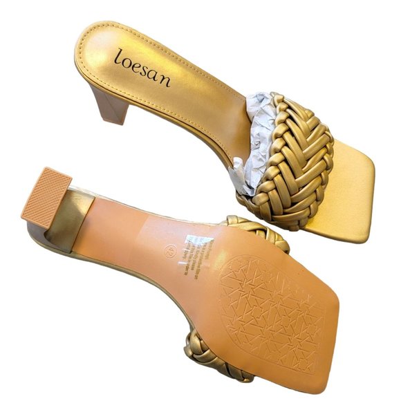 Gold Heeled Slides Dressy Sandals Square Toe Braided by Loesan Size 42 JJ3321 - Picture 3 of 9